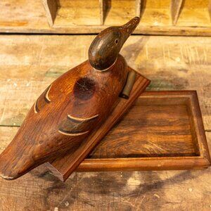 Hand Carved Wooden Mallard Duck Decoy Ammo Box, Brass 12GA Winchester Shell
